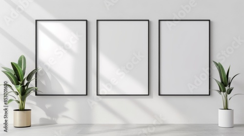 Trio of vertical mock-up posters against a white wall, minimalist interior style, bright and clean space, perfect for art or advertisement displays photo