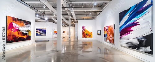 A contemporary art gallery with high ceilings and white walls, showcasing a series of bold, expressive paintings that create a dynamic visual experience. photo