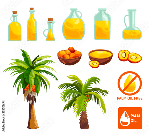 Cartoon palm oil. Palms trees crude seeds harvest plantation, junk food tropical tree oils drop in bottle, fat acids meal industry icons set cartoon ingenious illustration