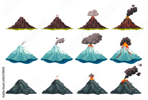 Volcano eruption stages. Volcanic mountain erupt animation, vulcano magma lava flowing down crater fire flame smoke ash cloud, natural disaster stage ingenious illustration