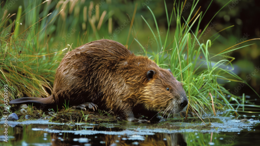 A beaver in its wetland habitat, surrounded by grass and water, looking alert and curious.
A beaver in its wetland habitat, surrounded by grass and water, looking alert and curious.