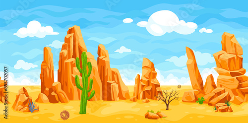 Desert seamless landscape. Cartoon western 2d game level parallax far background, sand dry orange ground and sky comic wild west mexico arid scenery, ingenious illustration