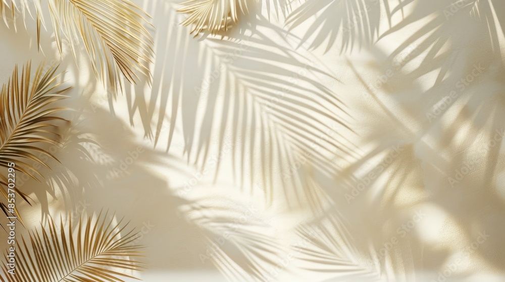 Fototapeta premium Aesthetic background with palm leaf shadow on beige wall, summer concept. Copy Space