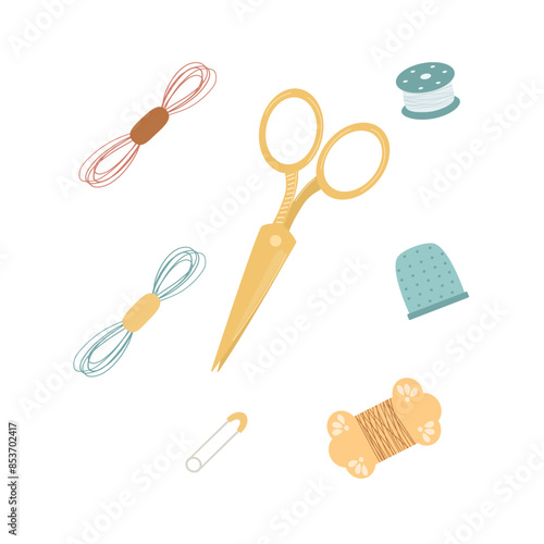 Set of sewing accessories. Handmade needlework. Tools for hobby, embroidery needlework, sew. Scissors, thread, pin, spool, reel, thimble. Vector illustration in flat style.