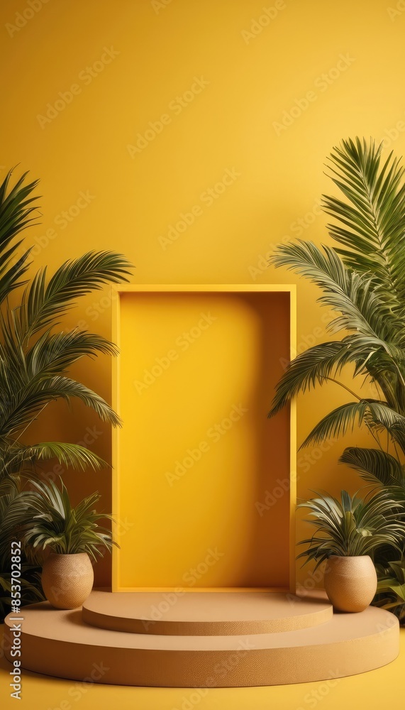 Fototapeta premium A bright yellow stage framed by lush green plants, offering a captivating setting for various events