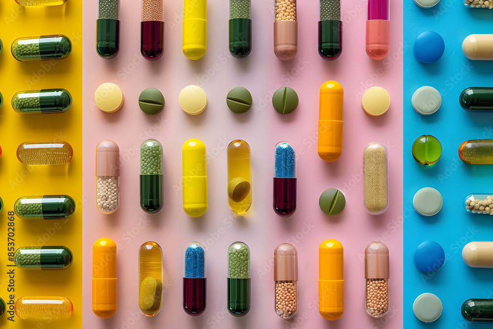 Variety of Different Pills and Capsules Arranged in Rows on Three Different Colored Backgrounds Variety of Different Pills and Capsules Arranged in Rows on Three Different Colored Backgrounds
