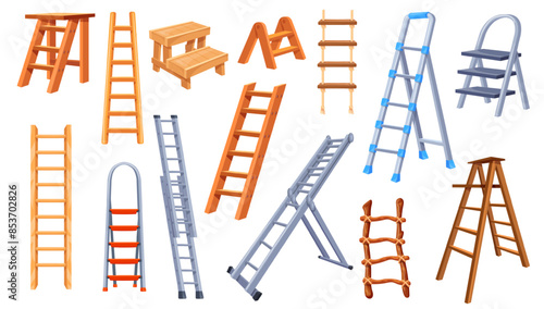 Cartoon step ladders. Tall ladder work tool, climb stairway stand high staircase metal aluminium or wooden stairs renovation household inventory instrument neat illustration