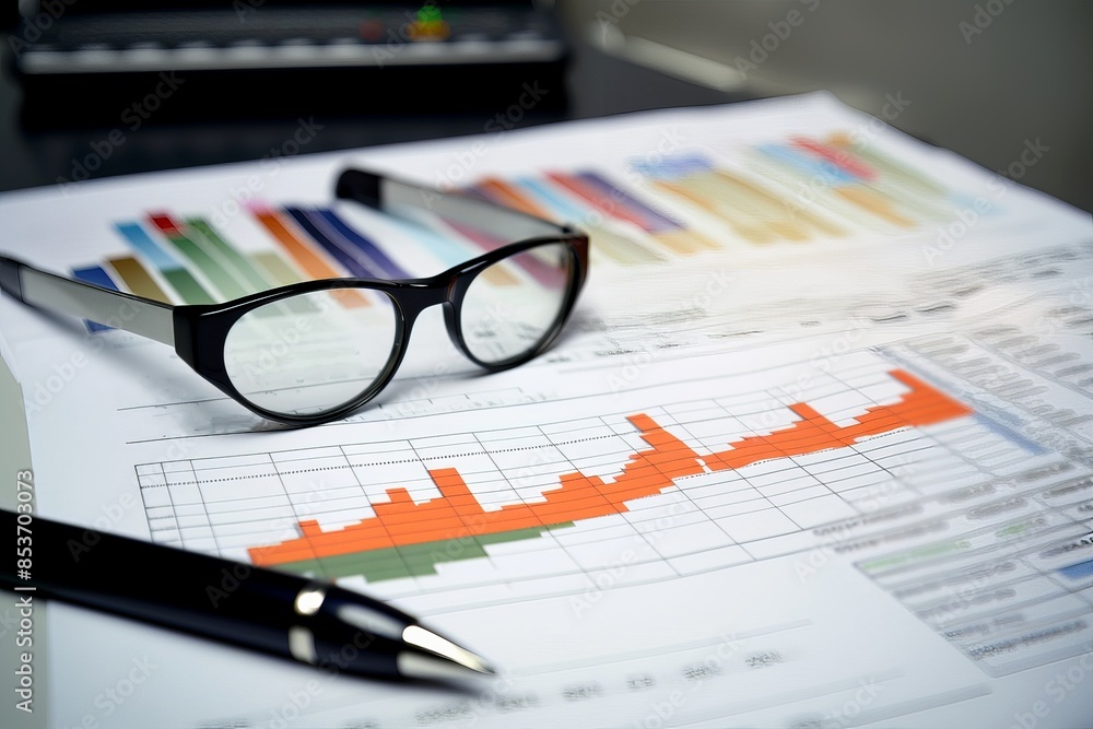 Close-up of financial charts, glasses, and pen on a desk. Business data analysis, investment strategy, and market trends concept. Close-up of financial charts, glasses, and pen on a desk. Business data analysis, investment strategy, and market trends concept.