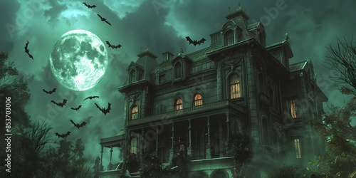 Haunted House with Bats and Full Moon, Spooky Halloween Night, Gothic Mansion in Moonlight, Eerie Haunted House and Bats