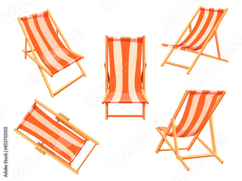 Cartoon deck chair. Deckchairs, sitting striped decking chairs beach chaise comfortable longue armchair sunbathe relaxation cruise rest lounge furniture, neat illustration