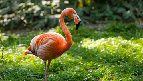 A vibrant pink flamingo standing gracefully in a lush green garden, surrounded by tropical plants.  © Andriy