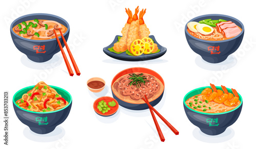 Japanese noodles bowls set. Asian korean chinese food variety thai soup dishes, ramen udon soba noodle bowl plate with chicken meat prawns sauce vegetable, neat illustration