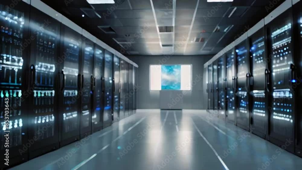 A long, brightly lit room with rows of tall black server cabinets on both sides. A long, brightly lit room with rows of tall black server cabinets on both sides.