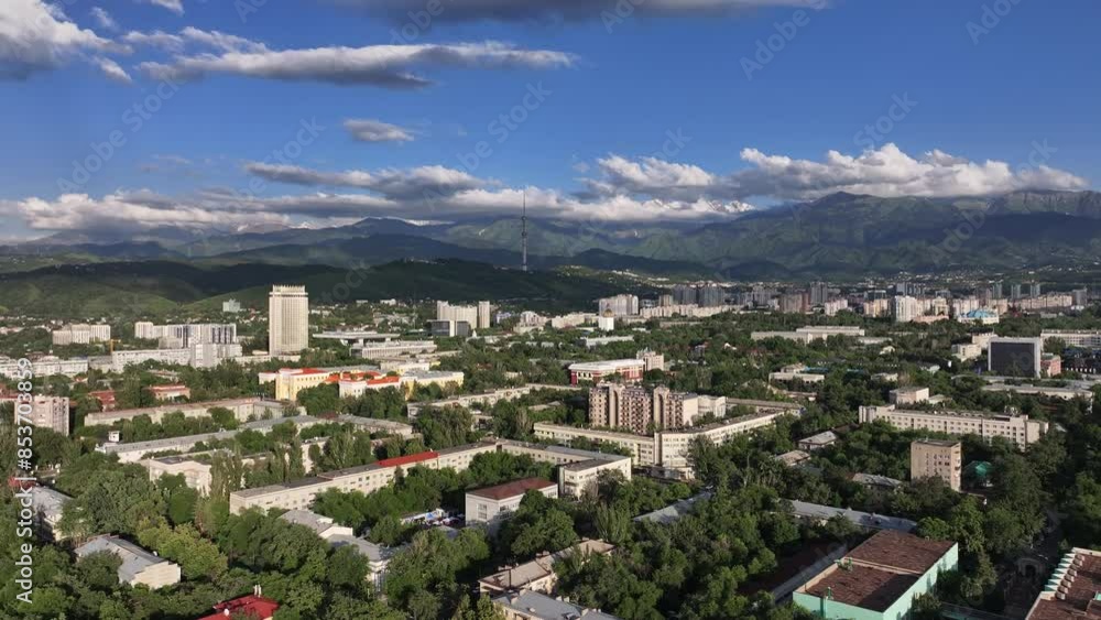 View from a quadcopter of the central part of the Kazakh city of Almaty on a summer evening View from a quadcopter of the central part of the Kazakh city of Almaty on a summer evening