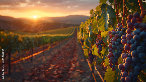 Paisaje de viñedo con vid uva en primer plano