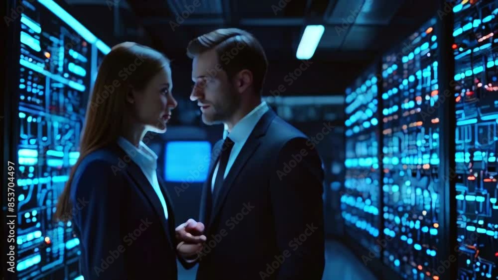 A man and a woman are standing in a dark room with blue lights in the background. The man is wearing a suit and the woman is wearing a dress. They are looking at each other. A man and a woman are standing in a dark room with blue lights in the background. The man is wearing a suit and the woman is wearing a dress. They are looking at each other.