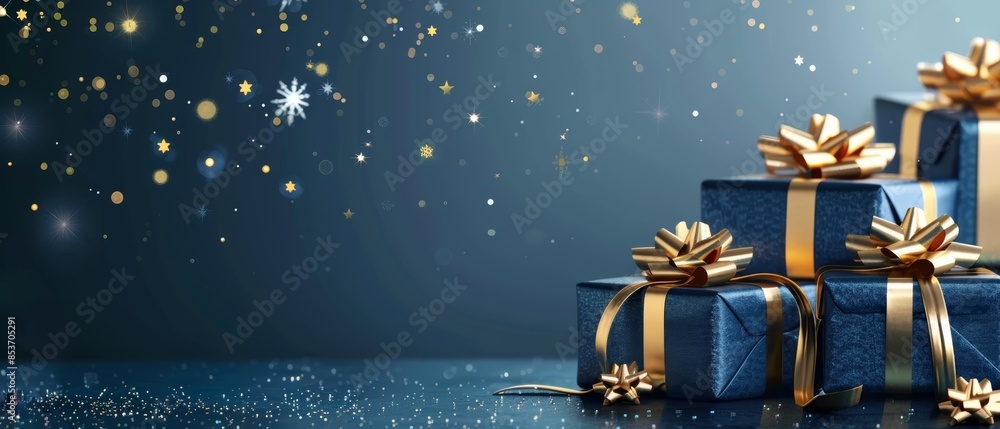 Stack of blue and gold wrapped presents with sparkling background. Stack of blue and gold wrapped presents with sparkling background.