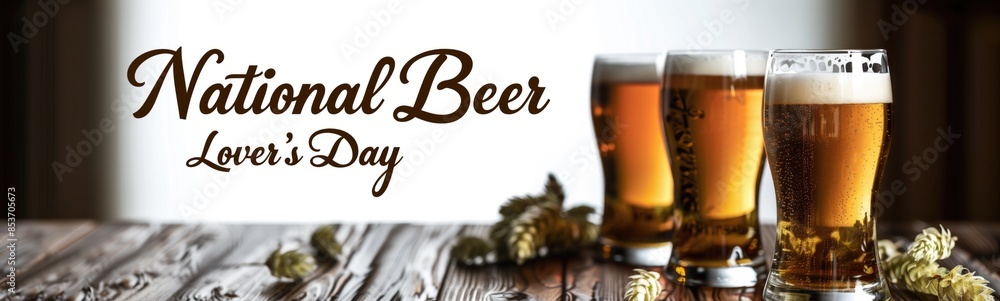 Celebrating National Beer Lover's Day with Three Glasses of Beer on Rustic Wooden Table. Celebrating National Beer Lover's Day with Three Glasses of Beer on Rustic Wooden Table.
