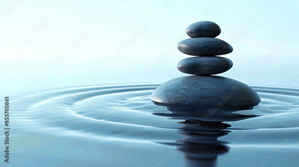 Zen stones stacked on water create a calm and relaxing image. The smooth stones artfully stacked embody balance and tranquility. Ideal for wellness and meditation concepts. AI
