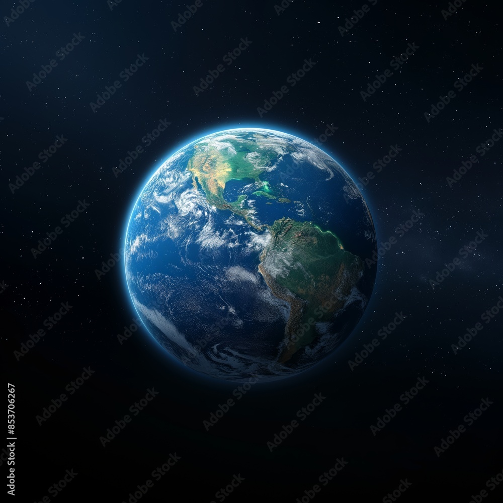 Fototapeta premium Earth seen from space, a stunning composition of blues and greens, encapsulates the breathtaking beauty of our planet suspended in the cosmic void.