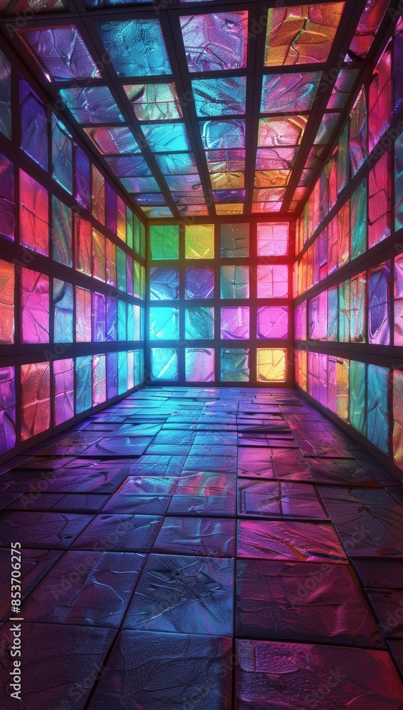 Vibrant geometric room with colorful neon lights and glass panels Vibrant geometric room with colorful neon lights and glass panels