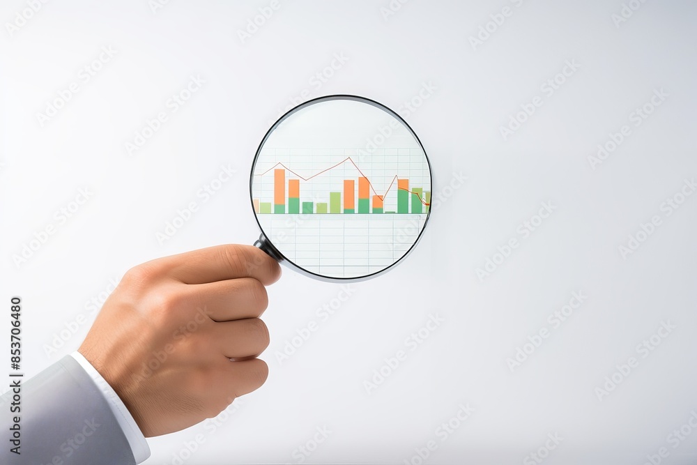 Hand holding a magnifying glass over a business chart. Concept of data analysis, financial review, and market research. Hand holding a magnifying glass over a business chart. Concept of data analysis, financial review, and market research.