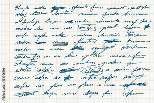 Abstract hand written text in ink for letters. Unreadable text with crossed out words. Illegible text page with mistakes.