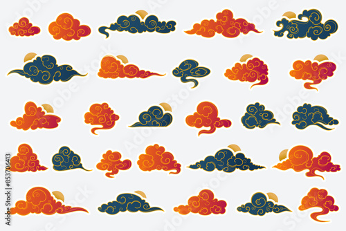 Hand drawn linear oriental clouds. Chinese cloud element collection. Elegant clouds and waves in Japanese style. Asian traditional ornaments.