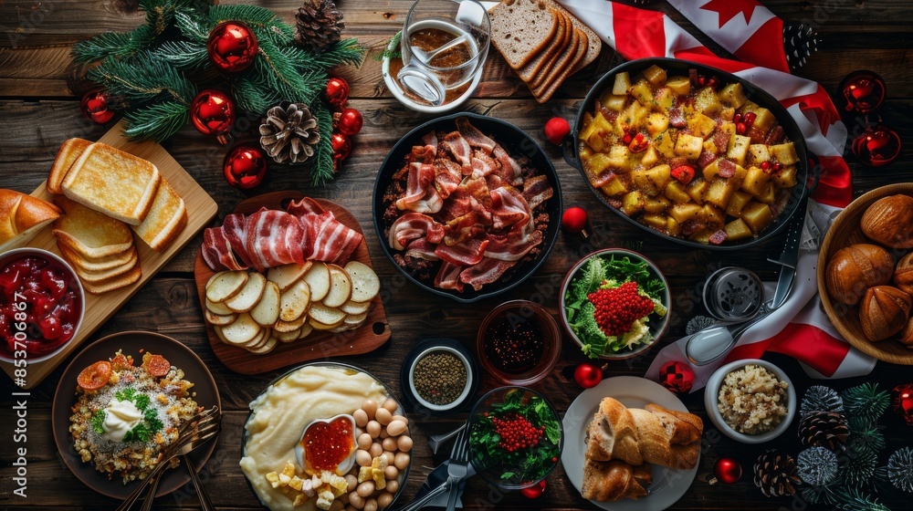 Pudding Flags Christmas table with traditional Canadian dishes such as pudding, bacon ...