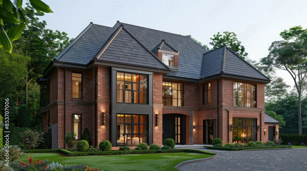 Large luxury modern house with brick cladding showing front and side views. The glazed roof adds light and space to this spacious home. Large luxury modern house with brick cladding showing front and side views. The glazed roof adds light and space to this spacious home.
