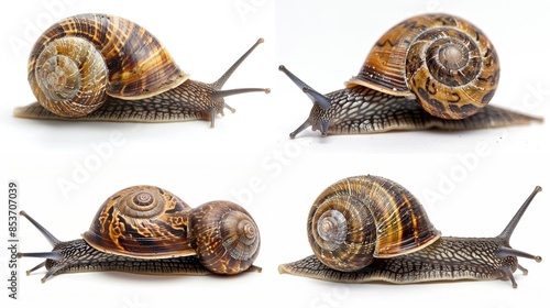 Four snails captured in various poses, their textured shells glistening and bodies stretching curiously across a stark white background photo