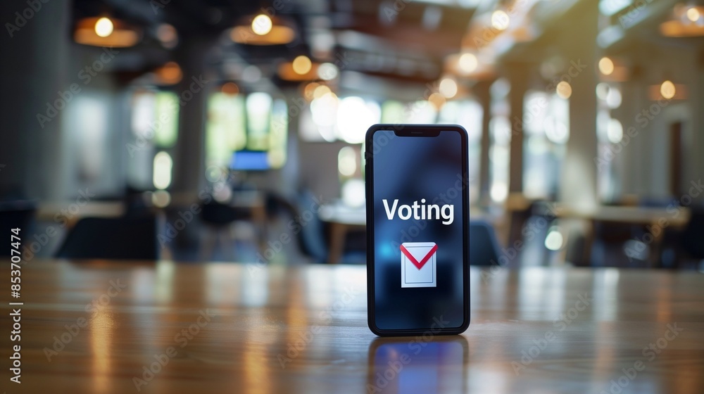 A mobile phone displaying a secure remote voting system interface, highlighting the convenience and accessibility of modern digital voting technology. A mobile phone displaying a secure remote voting system interface, highlighting the convenience and accessibility of modern digital voting technology.