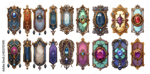 Medieval gaming banners cartoon vector set. Coats of arms gemstones patterns plates frames heraldry icons arcade assets isolated on white background