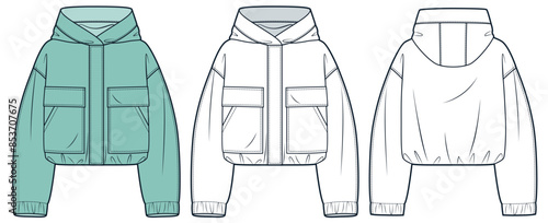 Hooded Jacket technical fashion Illustration. Unisex Nylon Jacket fashion flat technical drawing template, pocket, hood, oversize, front and back view, white, green, women, men, unisex CAD mockup set.