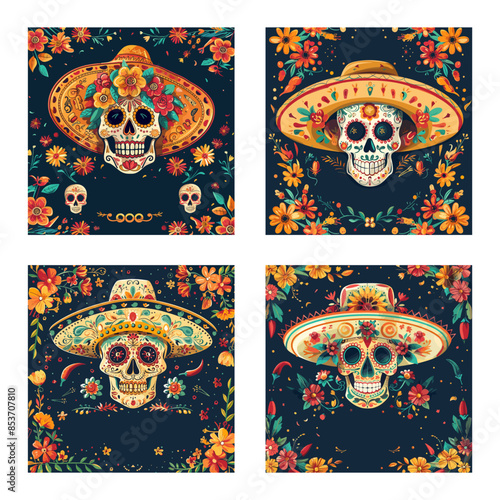 Mexican party cartoon vector posters. Skull hat sombrero stems flowers patterns latin american holiday vacations, dark background bright color concepts