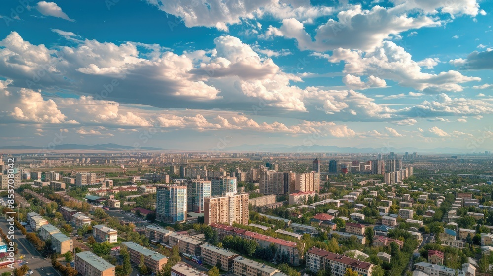 Wide shot of a cityscape with residential buildings, clear blue sky with clouds and mountains in the background with natural lighting. Wide shot of a cityscape with residential buildings, clear blue sky with clouds and mountains in the background with natural lighting.