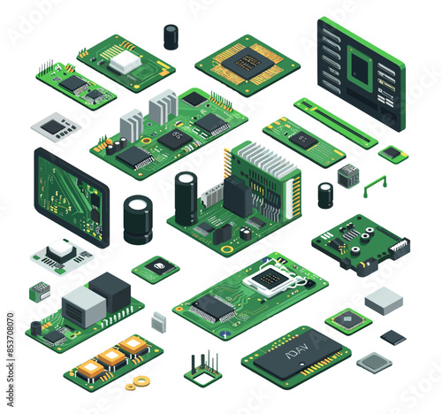 Microchips isometric vector set. Microcircuits semiconductors capacitors processors motherboard computer components isolated on white background