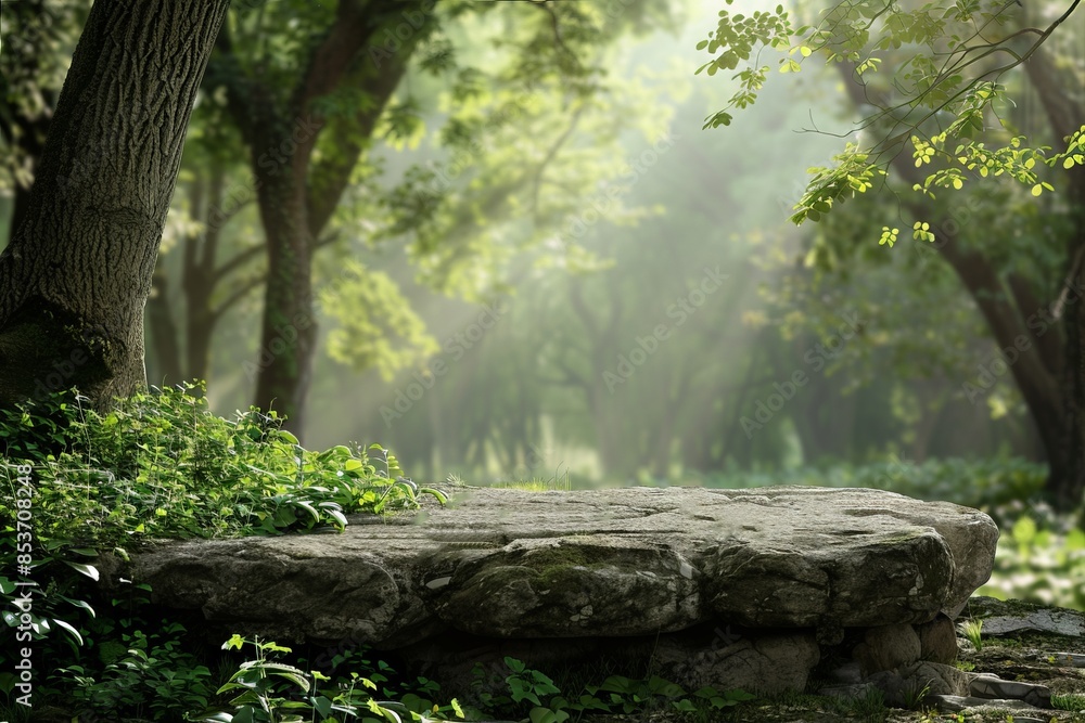 Serene stone platform in a lush green forest illuminated by soft, natural sunlight filtering through the trees. Serene stone platform in a lush green forest illuminated by soft, natural sunlight filtering through the trees.