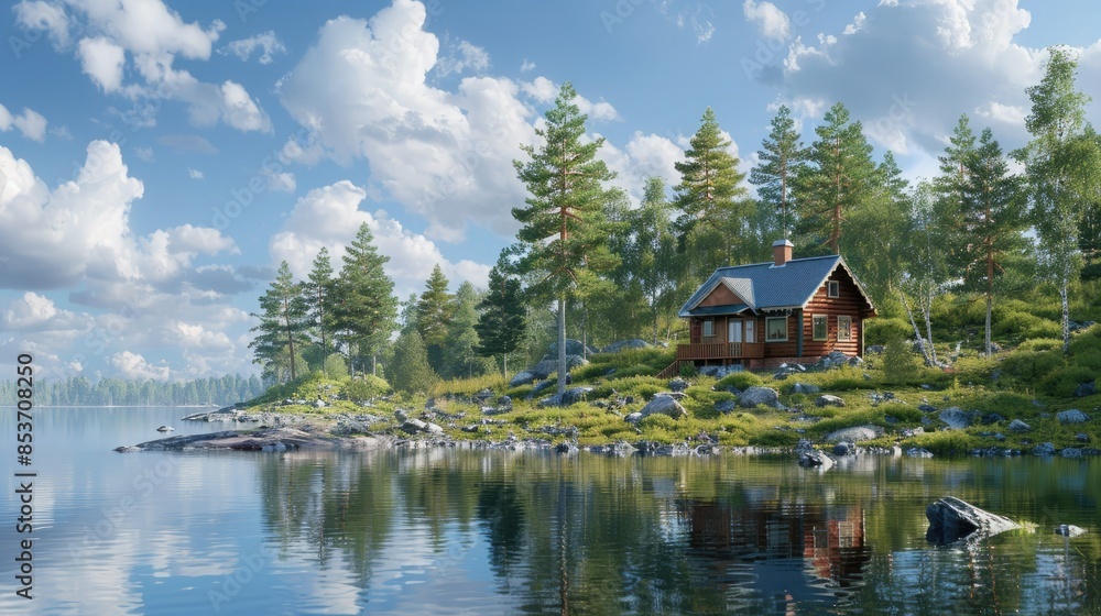 Obraz premium A log house stands at one end, close to the water level. The forest is lush and green, surrounded by pine trees. Ahead is a calm lake, reflecting the sky and rocks.
