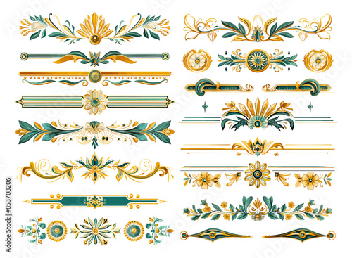 Modern banners cartoon vector set. Border frame flowers buds petals art deco lines decorative plant patterns elements isolated on white background