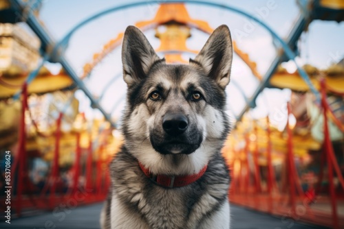 Portrait of a curious norwegian elkhound in front of vibrant amusement park photo