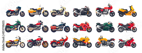 Motorcycles cartoon vector set. Sports choppers highway road two wheeled fast motor vehicle, illustration isolated on white background