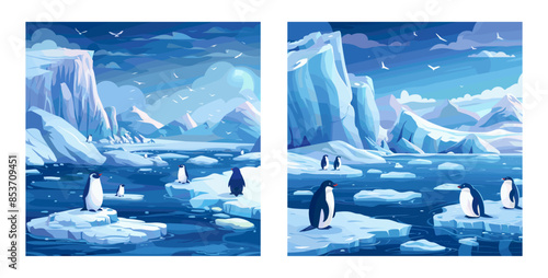 Penguins ice floe cartoon vector scene. Seabirds north pole glacier snow cold ocean together group animals color illustrations