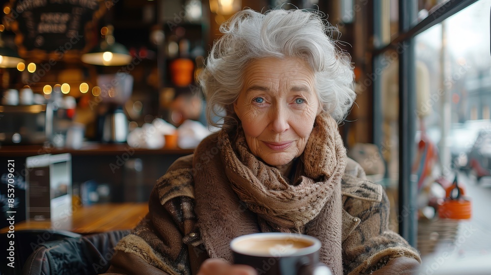 Close-up of a cheerful senior lady in a warm scarf holding a coffee cup at a cafe, radiating happiness and comfort Close-up of a cheerful senior lady in a warm scarf holding a coffee cup at a cafe, radiating happiness and comfort