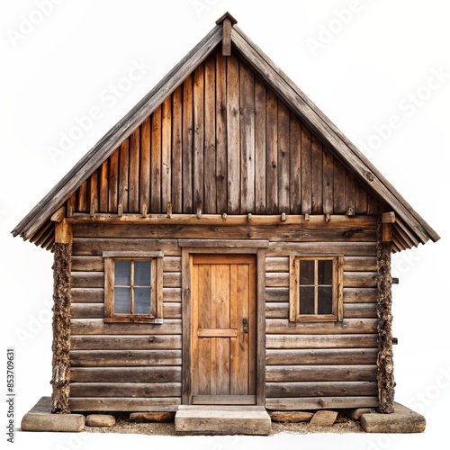 Rustic Wooden Hut Front View - Isolated on White Background - Perfect for Historical, Rural, and Architectural Projects   ©  InteriorDesigner