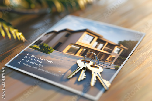 Keys to a new house rest on a real estate brochure photo