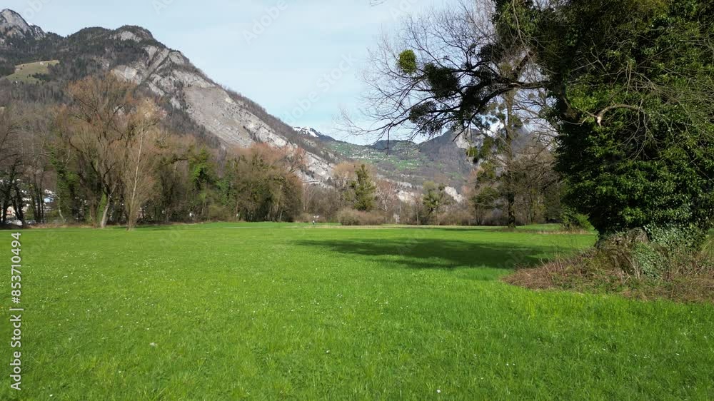 Walking POV grass field at the base of mountain in Switzerland Walensee Walking POV grass field at the base of mountain in Switzerland Walensee