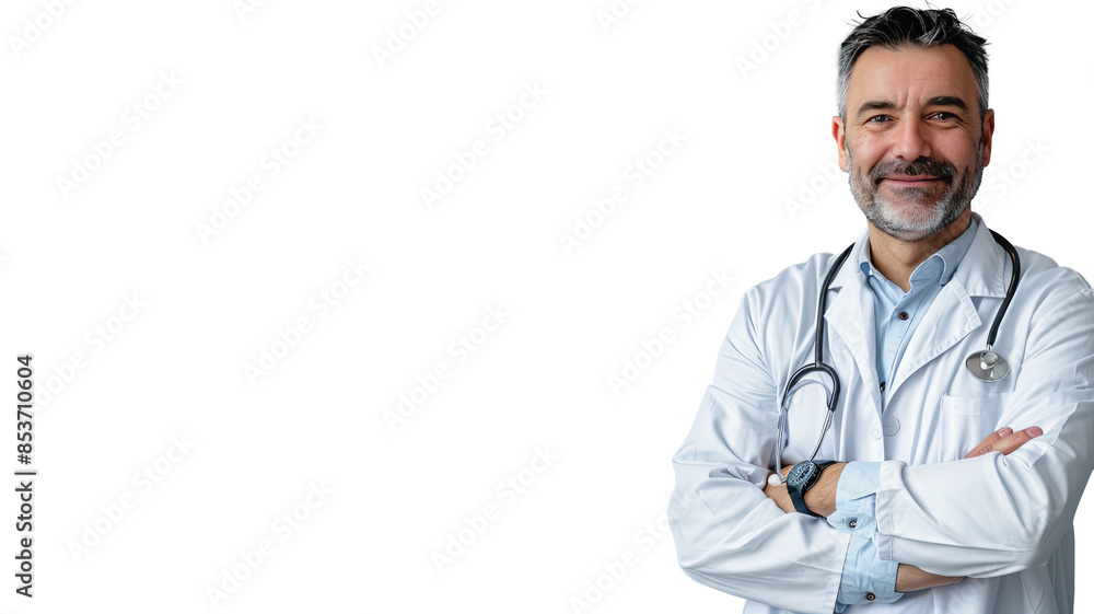 Middle-aged male doctor in white coat with stethoscope, isolated on white background, smiling, arms crossed. Premium PNG format, transparent background. Ideal for healthcare, medical ads, education Middle-aged male doctor in white coat with stethoscope, isolated on white background, smiling, arms crossed. Premium PNG format, transparent background. Ideal for healthcare, medical ads, education