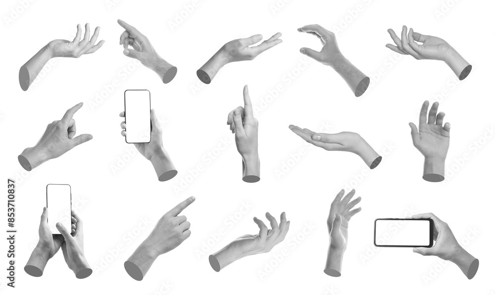 Set of different hand gestures isolated on white. Black and white effect Set of different hand gestures isolated on white. Black and white effect