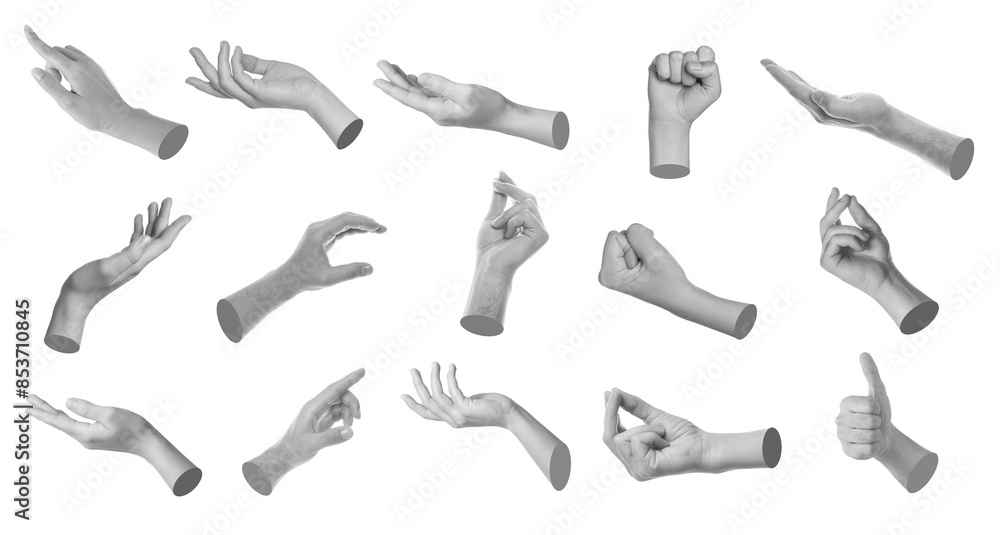 Obraz premium Set of different hand gestures isolated on white. Black and white effect